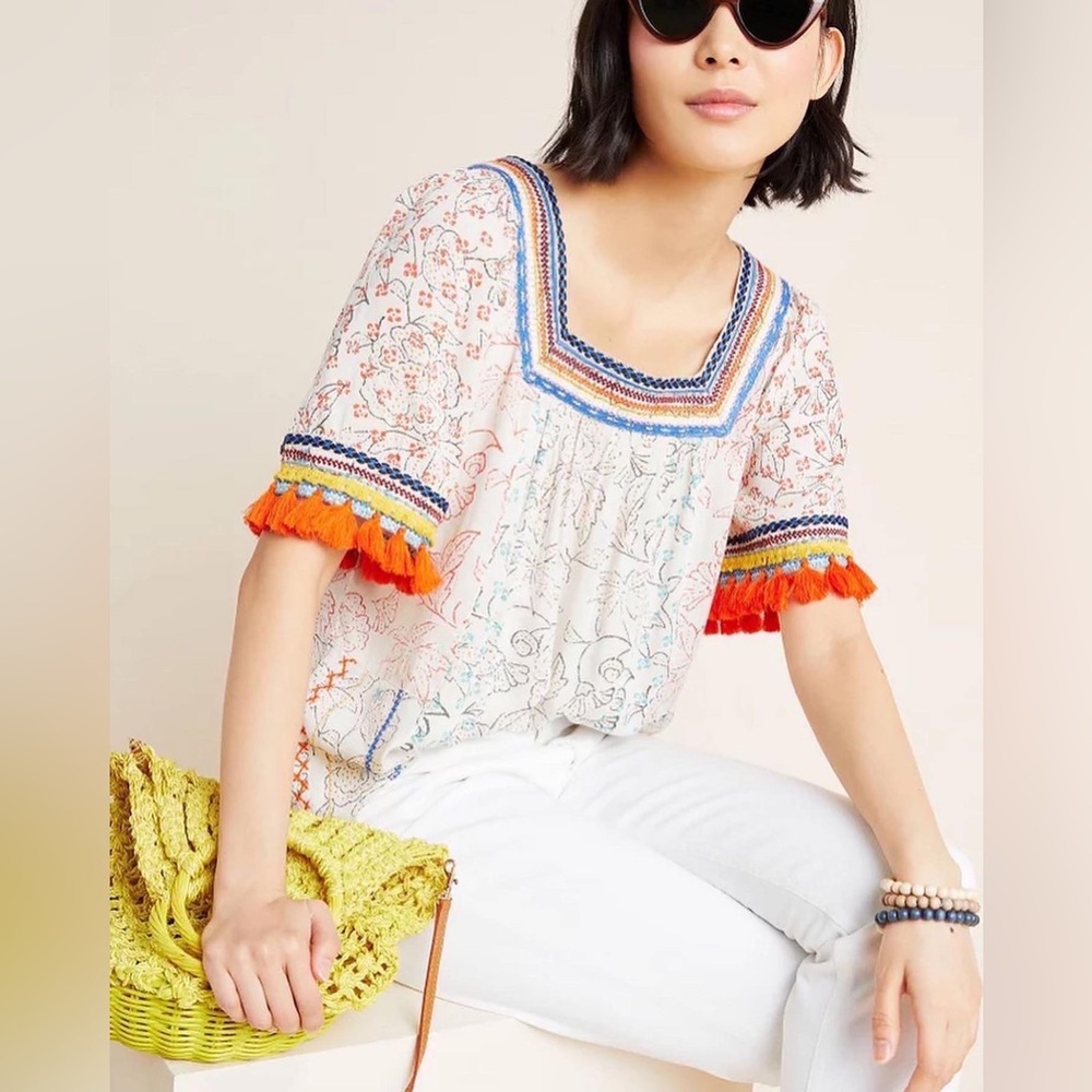 Maeve Anthropologie Paolina Tasseled Blouse Floral Square Neck Womens medium - Picture 2 of 3